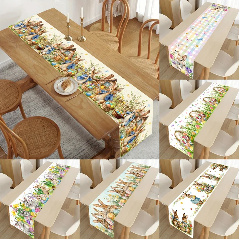 Vintage Easter Bunny Table Runner Rabbit Eggs Flower Table Cover Spring Easter Decorations For Home Kitchen Dining Table Decor