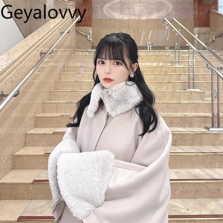 

Japanese Style Autumn Winter New Fur Collar Patchwork Solid Color Short Cape Coat Elegant Shawl Style Cloak Coat with Belt