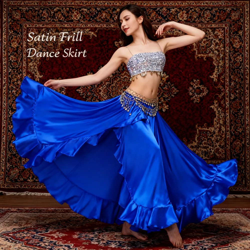 New Belly Dance Skirt - Indian Dance Performance Bottoms Satin Split-Side Long Dance Skirt for Stage & Practice