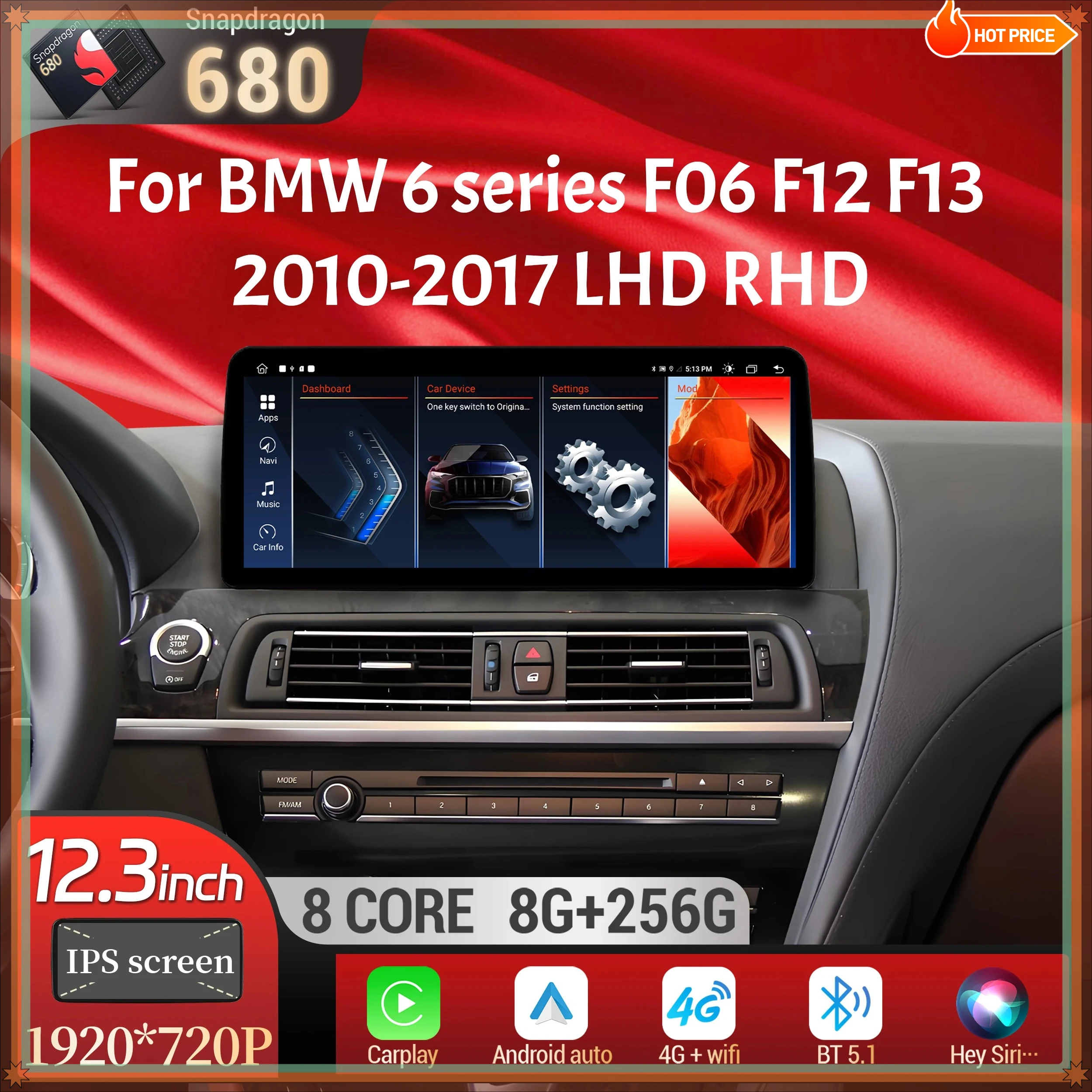 

12.3 inch Android14 Car Radio Wireless Bluetooth Carplay Head Unit Snapdragon 680 Screen For BMW 6 series F06 F12 F13 2010-2017