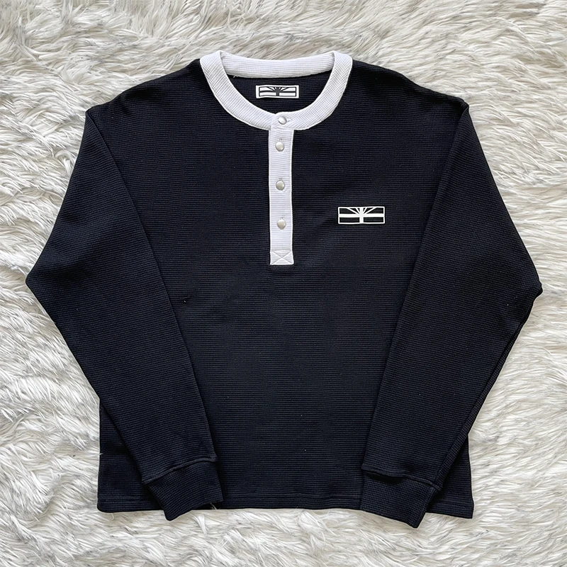 Vertabrae Men's Long Sleeve T-shirt Color Block Henry Collar Waffle Pattern Cotton Breathable Casual Summer Top
