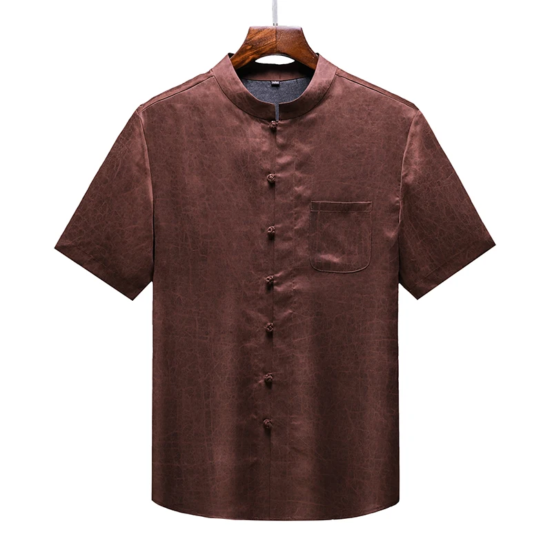 

Handsome Dress Men Shirt Short Sleeve Mulberry Silk Pocket Icy Cool Summer Quality Gambiered Canton Gauze Boutique Chemise Homme