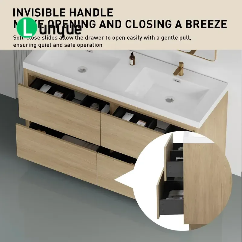Modern Luxury 60 Inch Freestanding Wooden Bathroom Vanity Eco Friendly Durable Structure Floor Stand Up Sink Cabinet for Home