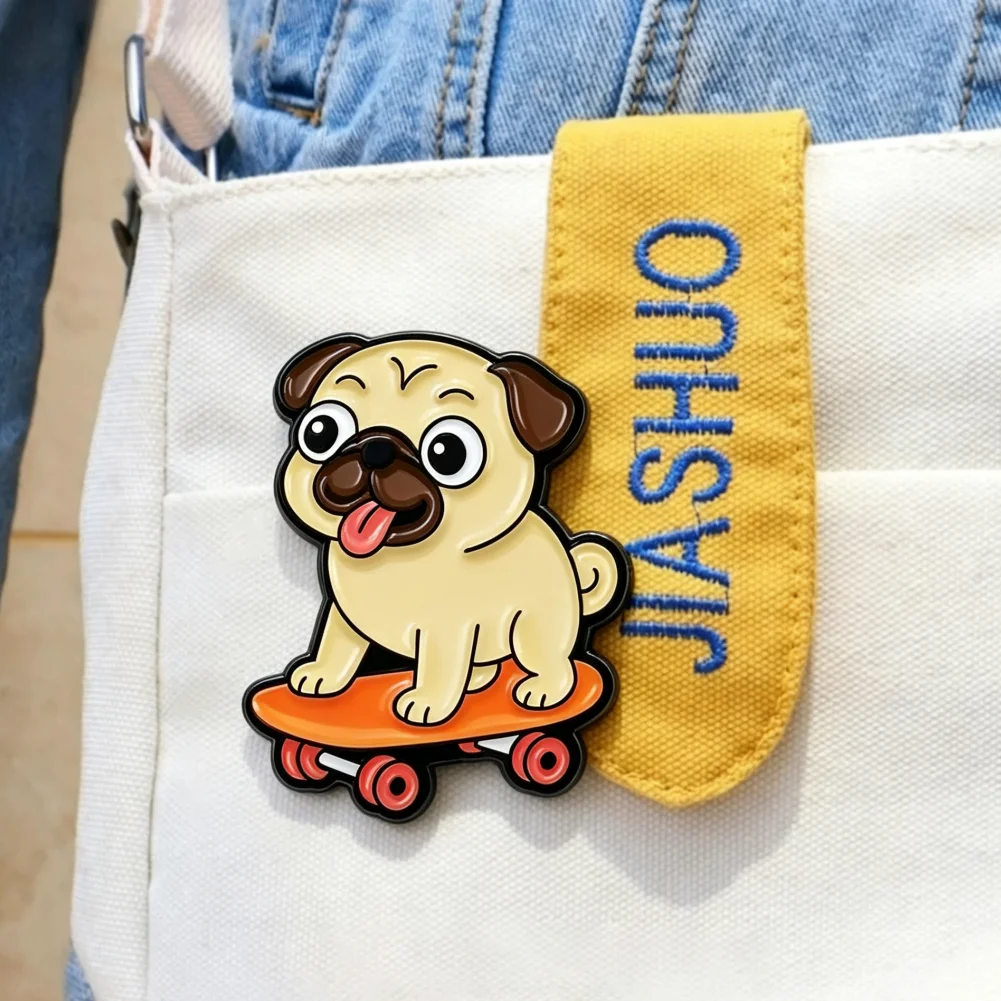 Cool Skateboarding Pug Dog Enamel Lapel Pin Cute Tongue Out Puppy Cartoon Metal Badge Street Style Backpack Decor Gift