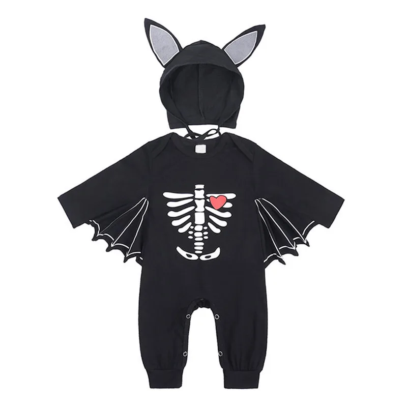 Child Halloween Romper Baby Boy Black Bat Jumpsuit with Hat Infant Costume 1 Year Halloween Toddler Girl Carnival Clothes 3-24M