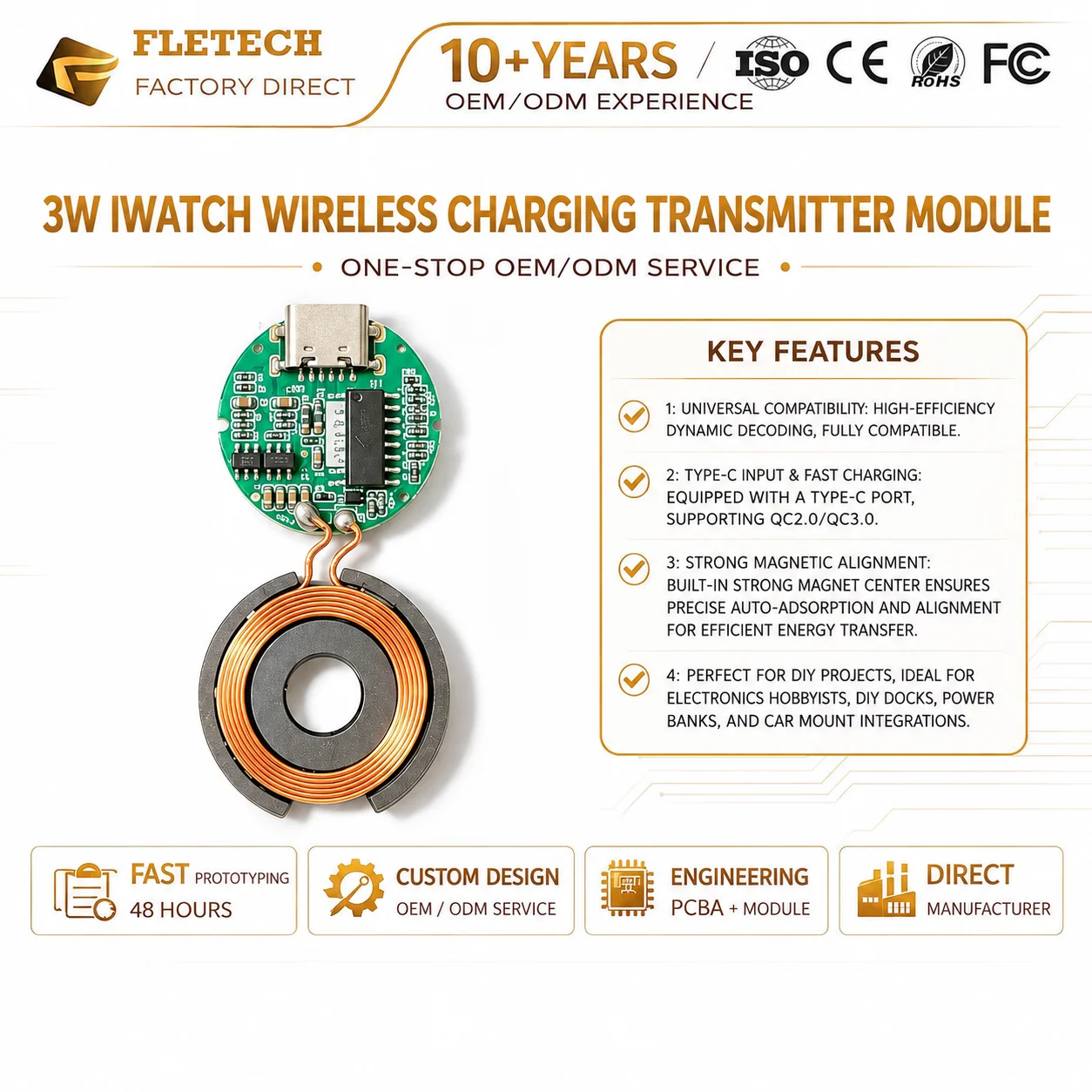 3W Type-C Micro Smart Watch Wireless Charging Transmitter Module PCBA Circuit Board Component for IWatch Integration DIY Project