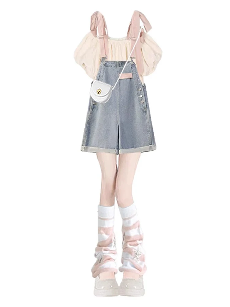 Sweet Summer Anti-Aging Bubble Sve oulder Bared Women's Set Korean Sle Slimming Denim orts Two-Piece Faion Ensemble