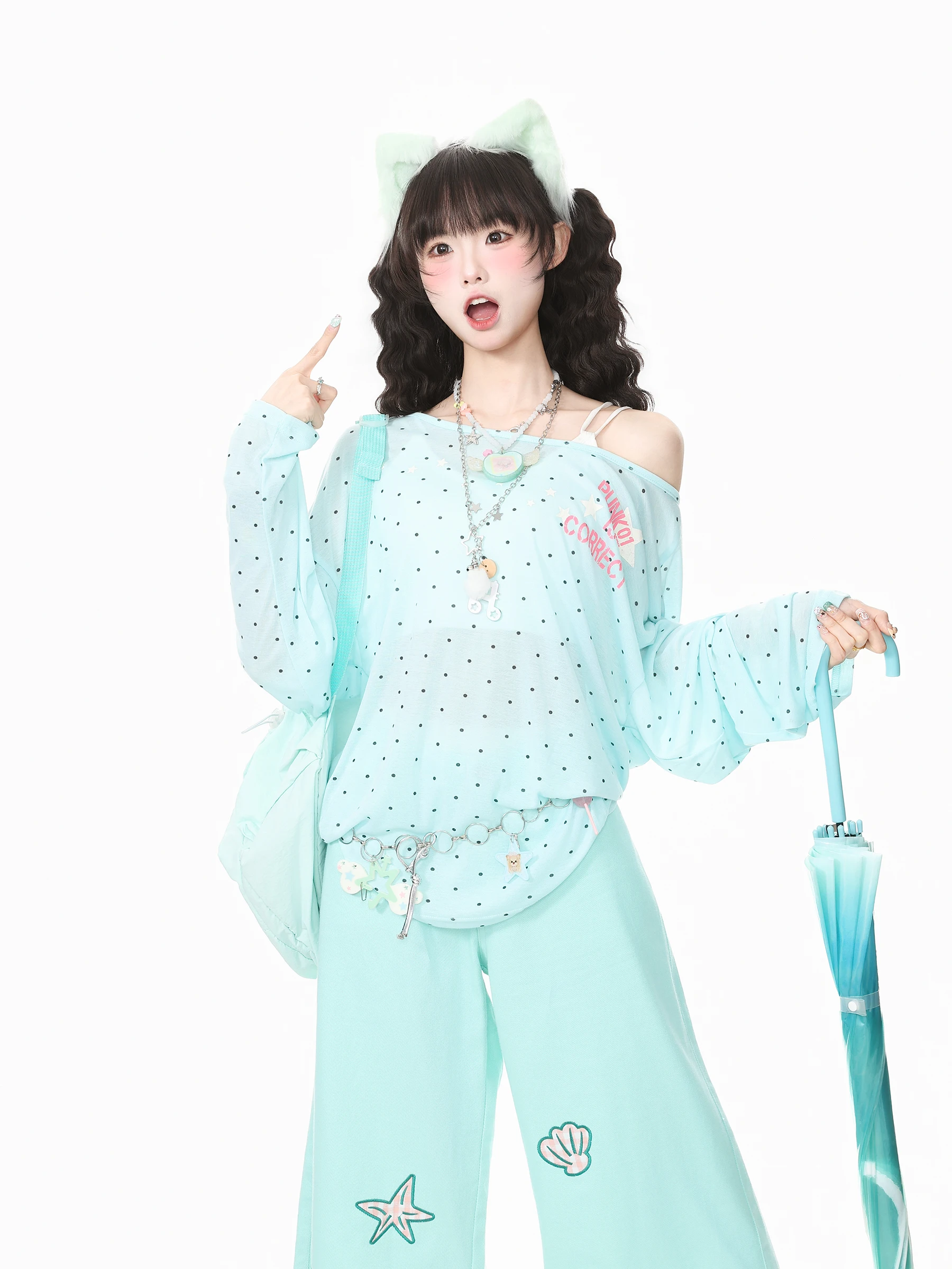 Blue Ghost Park Languid Park Casual Large round Neck Long Sleeve T-Shirt Women Summer Unique Top Polka Dot Star Print Loose Fit