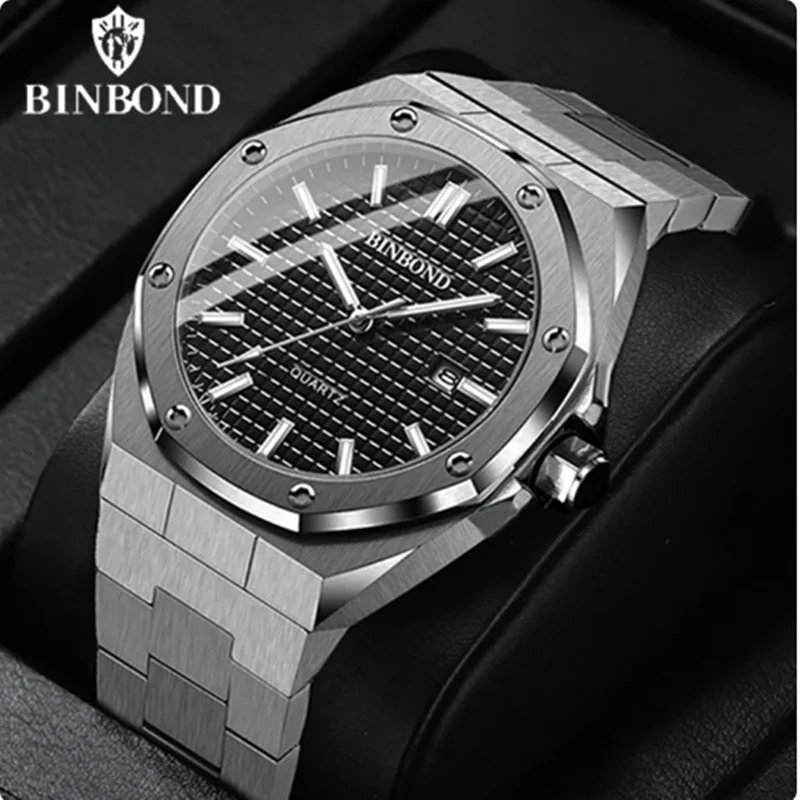 BINBOND Parafuso octogonal masculino Anel decorativo relógio de quartzo, movimento elegante, High End Business Watch, 2033