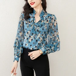 Elegant Ruffles Long Sleeve Satin Shirts Women Printed High Quality Spring Summer Blouses Casual Basic Women Tops Blusas Mujer