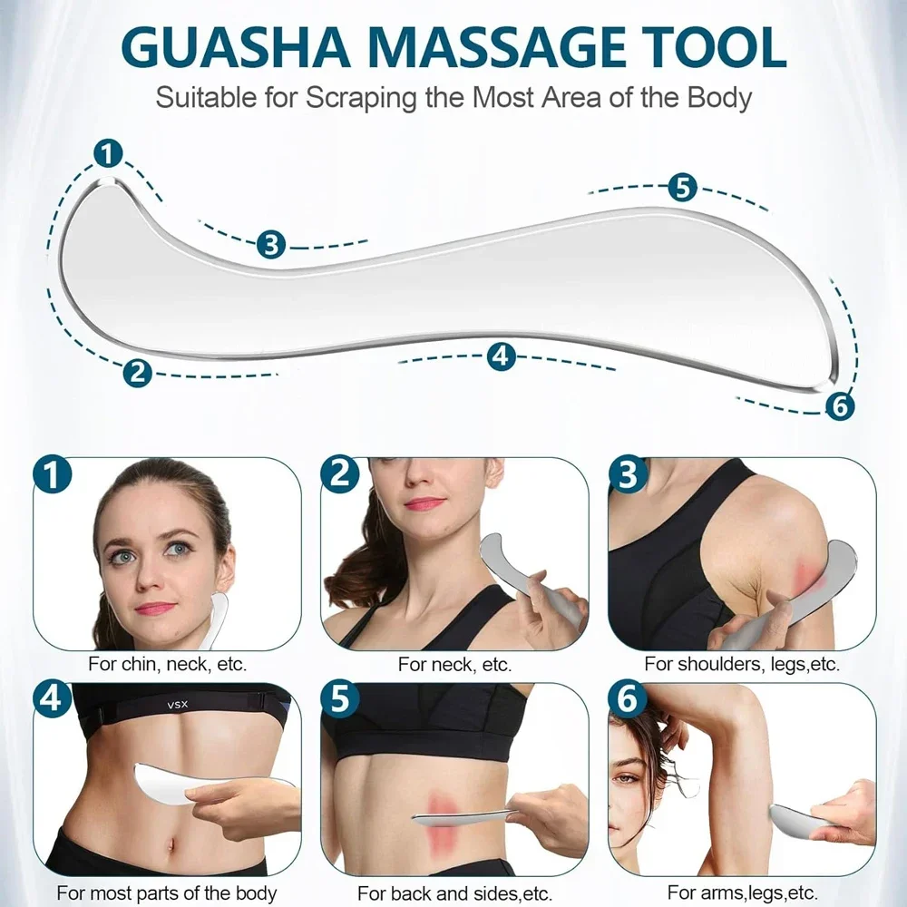 Stainless Steel Gua Sha Massage Tools 2 in 1 Muscle Scraper Tool, Graston Tool Set for Myofascial Release, Scar Tissue Massager