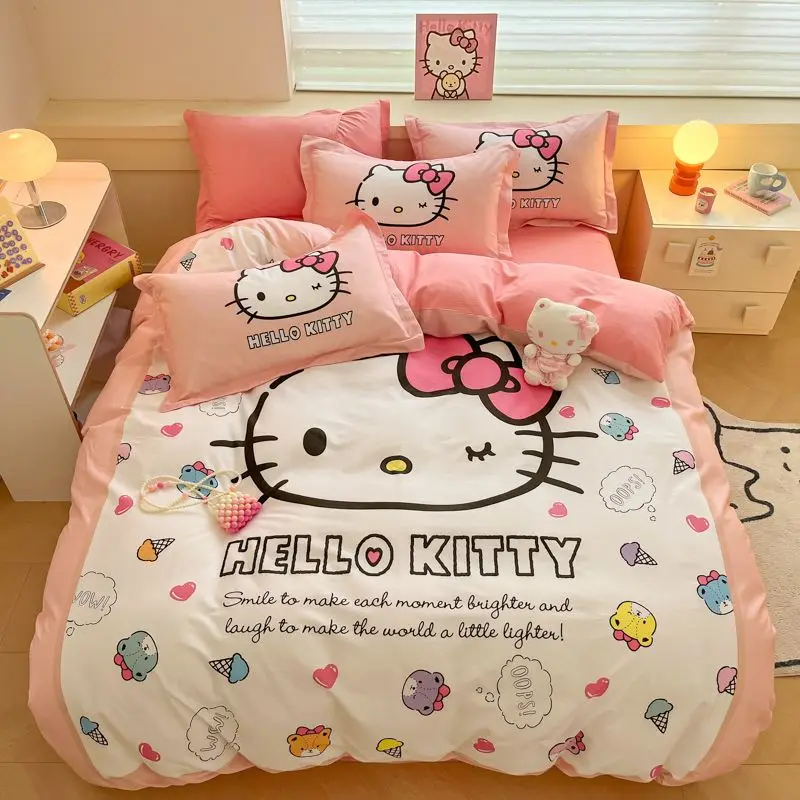 

Genuine Sanrio Hello Kitty 100% Cotton Bed Sheet Four-piece Set Children's Quilt Cover Pillowcase 3-piece Set
