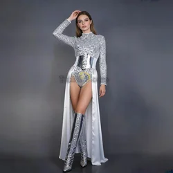Silver Sequins Bodysuit Bar Nightclub Party Performance Costume Women Singer Team Stage Wear Skirt Laser Legs Cover Dance Outfit