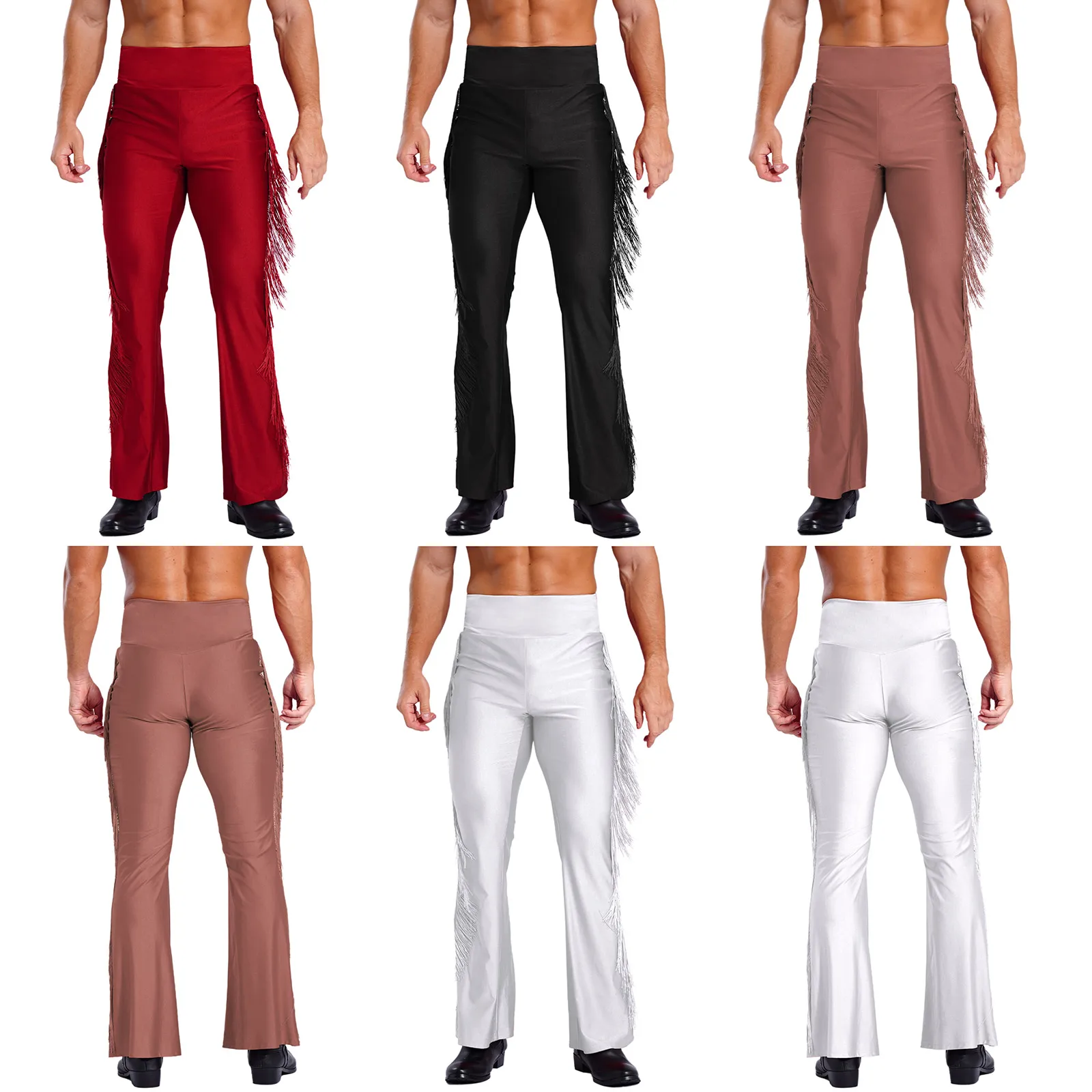 Mens Latin Tassel Flared Pants Vintage High Waist Bell-Bottom Trousers for Stage Performance Theme Party