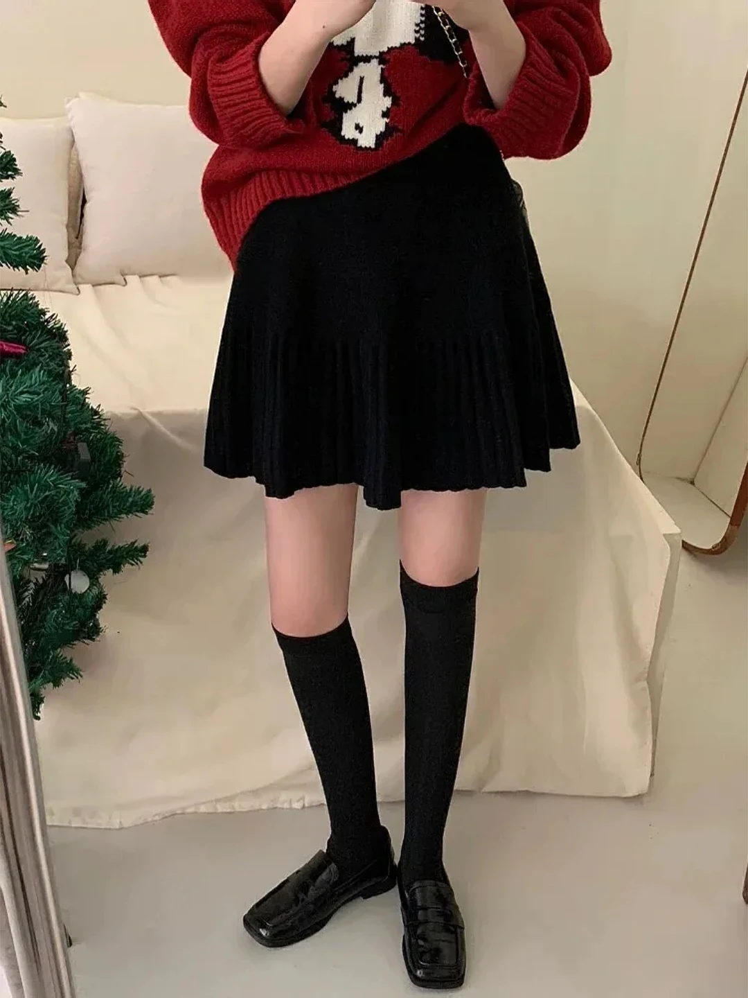 

Вязаная юбка больших размеров с высокой талией, А-силуэт, повседневная, стройнящая, плиссированная, для женщин, зимняя, в корейском стиле, для модниц