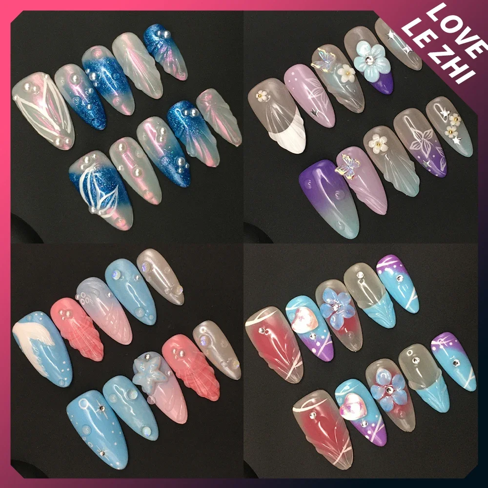 

Spice Girls Colorful Handmade Square Almond Press On Nails 3D Flowers Water Ripples Pearl Flower Bow French Gradients Fake Nails