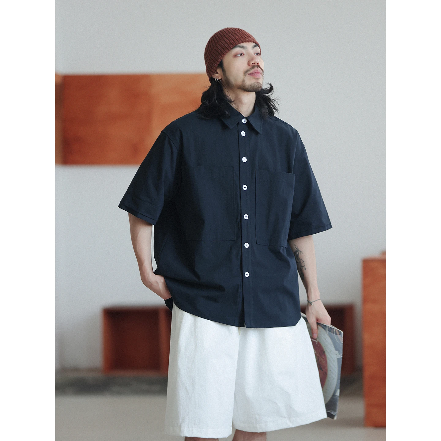 

Noears Loose Shoulder Sleeve Collared Shirt Vintage Style Loose Fit Short Sleeve Breathable Cotton Youth Summer Cityboy Shirt