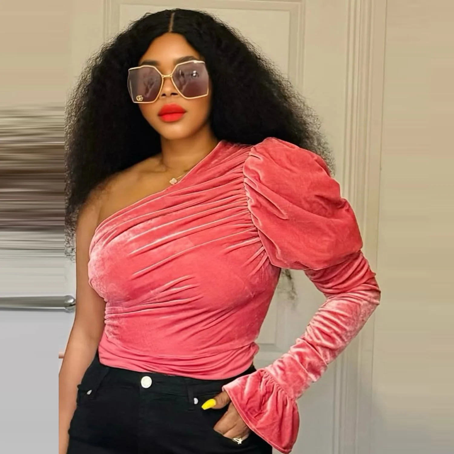 

Autumn Winter Women Top Fall Fashion One Shoulder Long Sleeve Shirts Crop Tops Slim Fit Blouses Velvet Top Custom Color Size