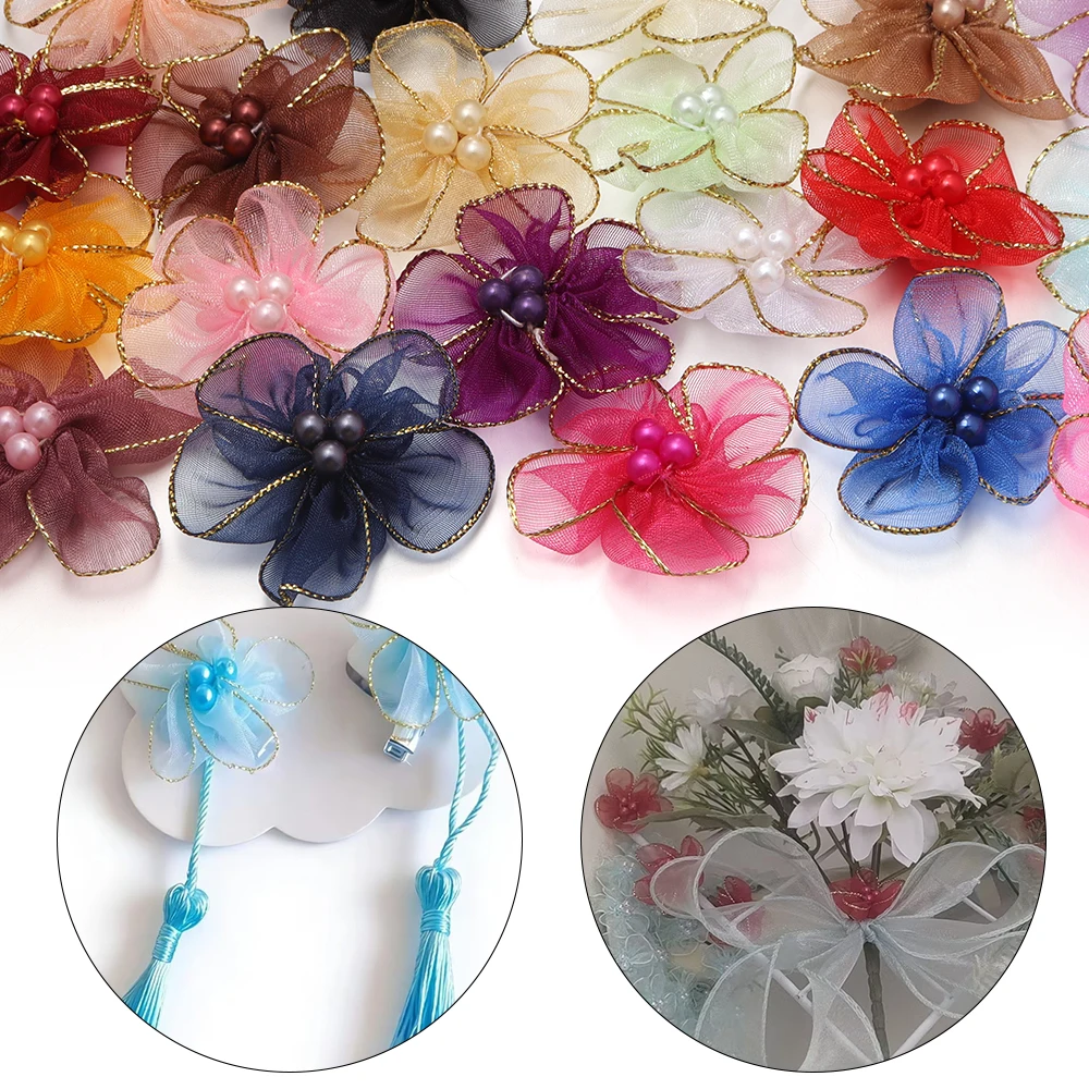 20pcs/lot Colorful Polyester Organza Gold Edge Petal Flower Appliques For DIY Women Girls Clothing Hair Accessories Decor