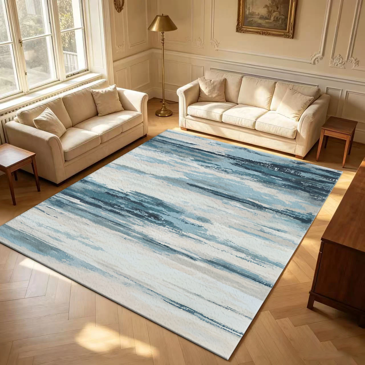 Blue Beige Vertical Brush Stroke Carpet Flooring Modern Abstract Large Area Rug for Living Room Home Decor