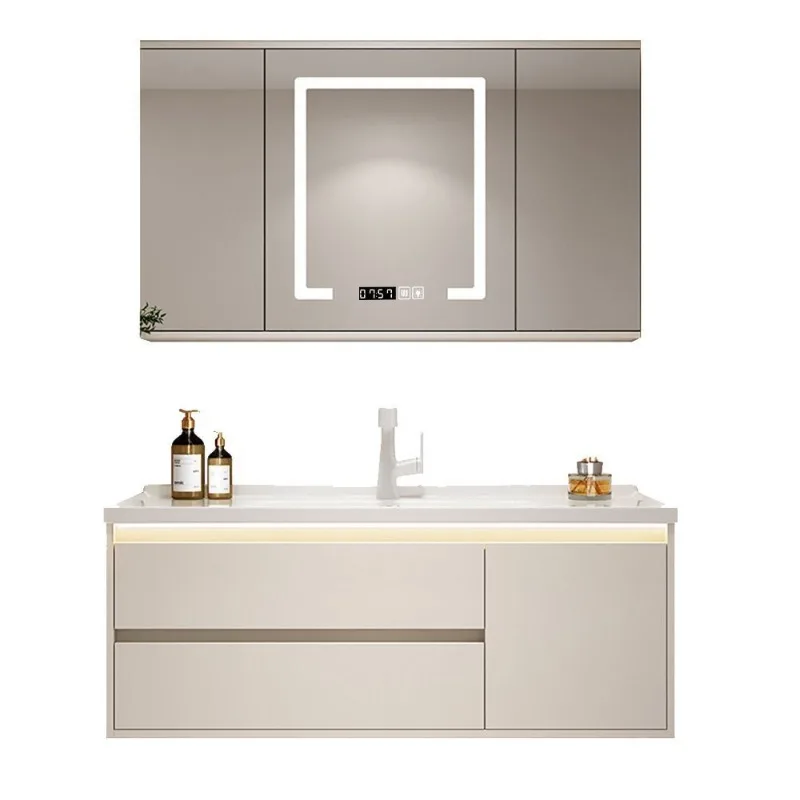 

Feng Shui mirror cream wind folding simple bathroom cabinet