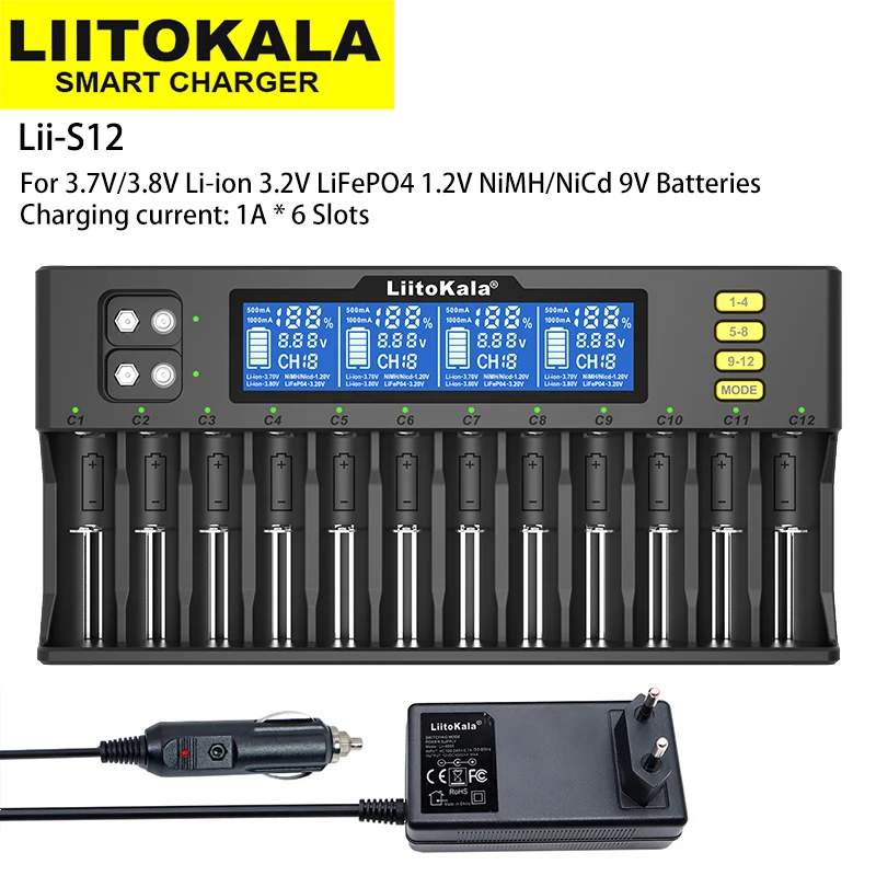 

LiitoKala Lii-S12 Smart 12 Slots LCD Display Battery Charger for 3.7V Li-ion 1.2V NiMH 3.2V LiFePO4 3.8V IMR or 9V Batteries