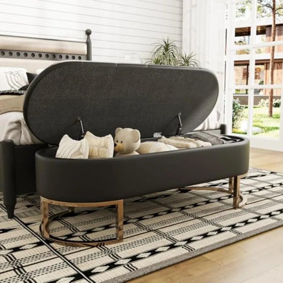 50 Storage Ottoman Bench Upholstered Leather End of Bed Bench for Storage Sitting Modern Long Bench with Metal Foot for Living