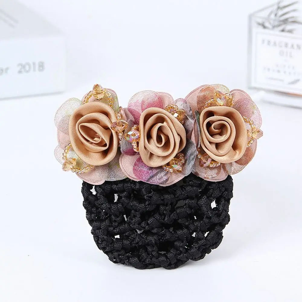 Elegant Mesh Floral Spring Clip Beaded Crochet Hair Clip For Nurses Flower Bun Snood Crystal Hairnet Cover Zircon Women Bun Net