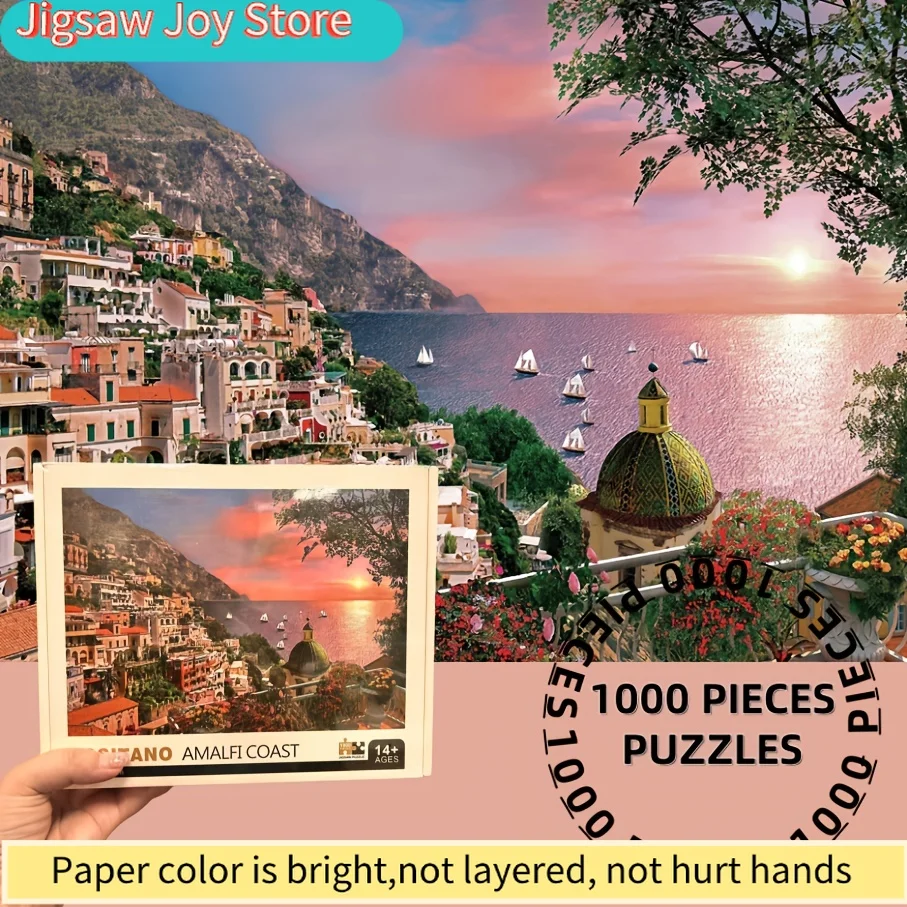 Puzzle dla dorosłych - Wybrzeże Amalfi, Włochy, malowniczy port nad rzeką, zachód słońca, sztuka, żywe kolory, 70x50cm (27,56x19,69 cala), wyzwanie
