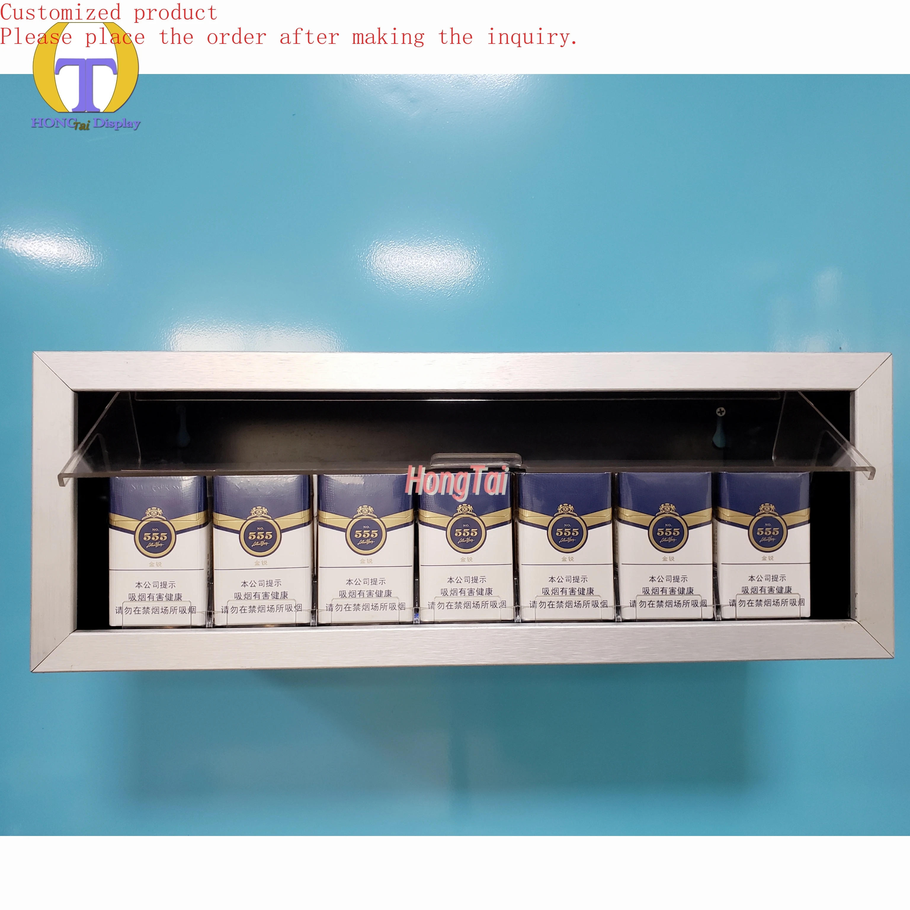

Custom.HongTai Factory Wall Mount Metal Tobacco Showcase With Flip Door Acrylic Smoke Pusher Cigarette Display Stand