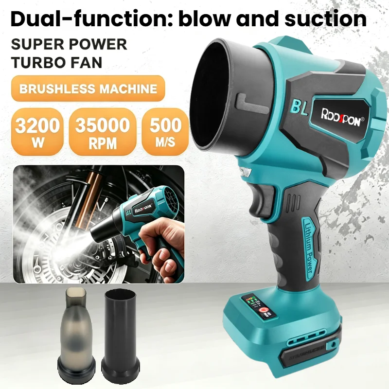 3200W Brushless Turbo Leaf Blower, ideal for leaf clearing and car washing drying. Compatible with Makita 21V battery connectors