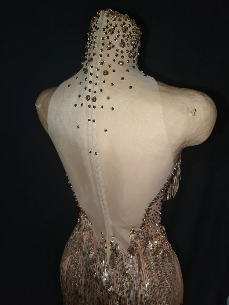 Women Sexy Tassel Gold Diamonds Midi Dress Birthday Party Costume Bar Nightclub Stage Performance Clothing