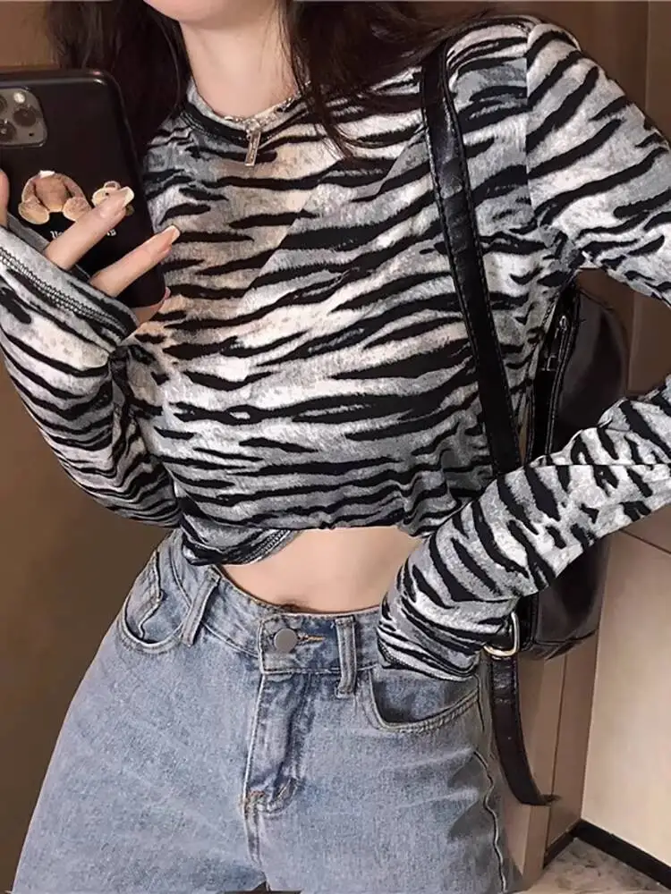 2026 Y2K Grunge Striped Long Sleeve T-Shirt for Women Sweet & Spicy Jazz Dance Kpop Stage Outfit Slim Fit Top