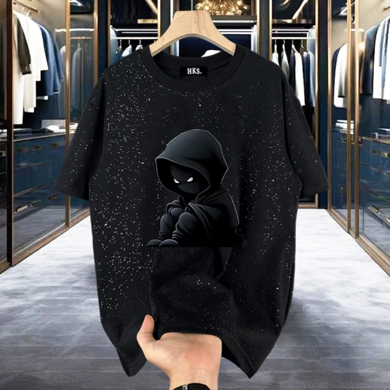 

Лето 2025 г., новая универсальная повседневная футболка из чистого хлопка с коротким рукавом, модная свободная мужская футболка с коротким рукавом и круглым вырезом