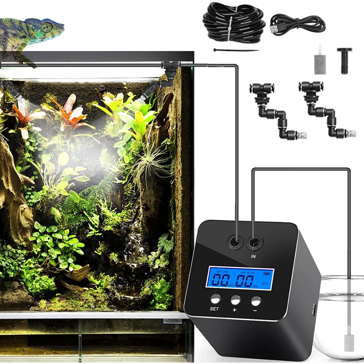 

Timed Reptile Fogger Misting System Water Mister With Adjustable 360 Degree Spray Nozzles For Reptile Terrariums