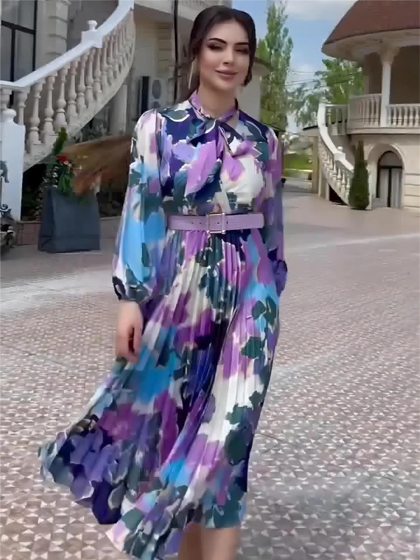 Eid Muslim Dress Long Puff Sleeve Lace Up Sundress Women Printed Dress Elegant Long Vestido Robe Femme Jalabiya Ramadan 2024