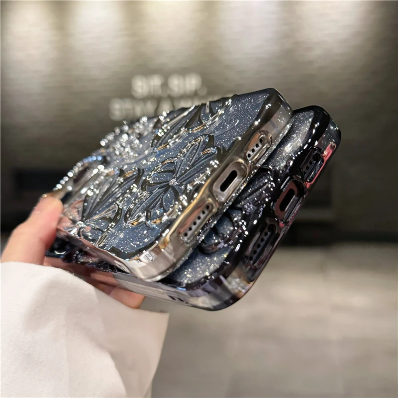For iPhone 15 Pro Max Luxury Flash Glitter Flowers Plating Frame Phone Case For iPhone 11 12 13 14 15 16 17 Air Protective Cover - náhled 6