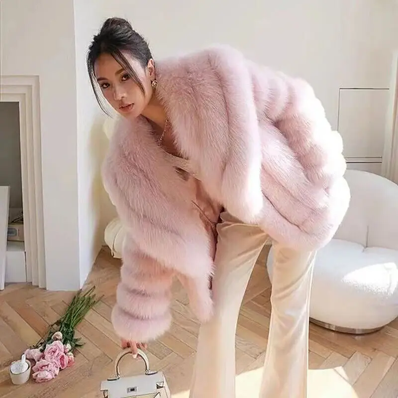 Pink Stripe Design Natural Fox Fur Jacket Lady Warm Thicken Outertwear Long Sleeve Genuine Real Fur Coat Women