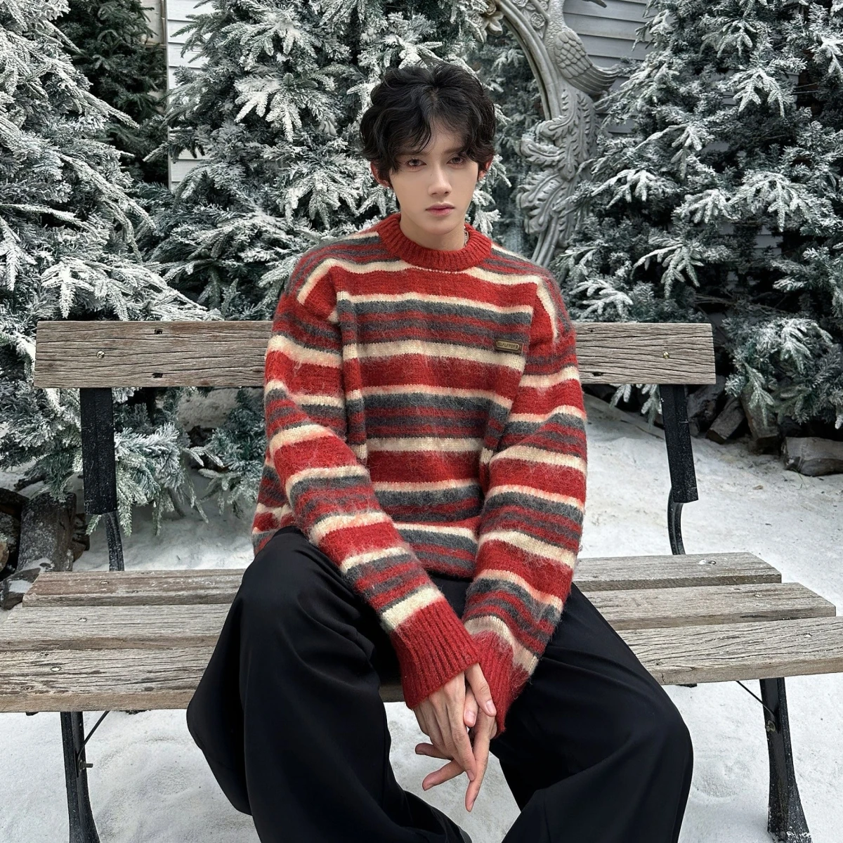 

American Sle Loose Fit round Ne Knitwear Sweater ex Autumn Casual Faion Striped Lazy Sle Versatile Polyester Blend