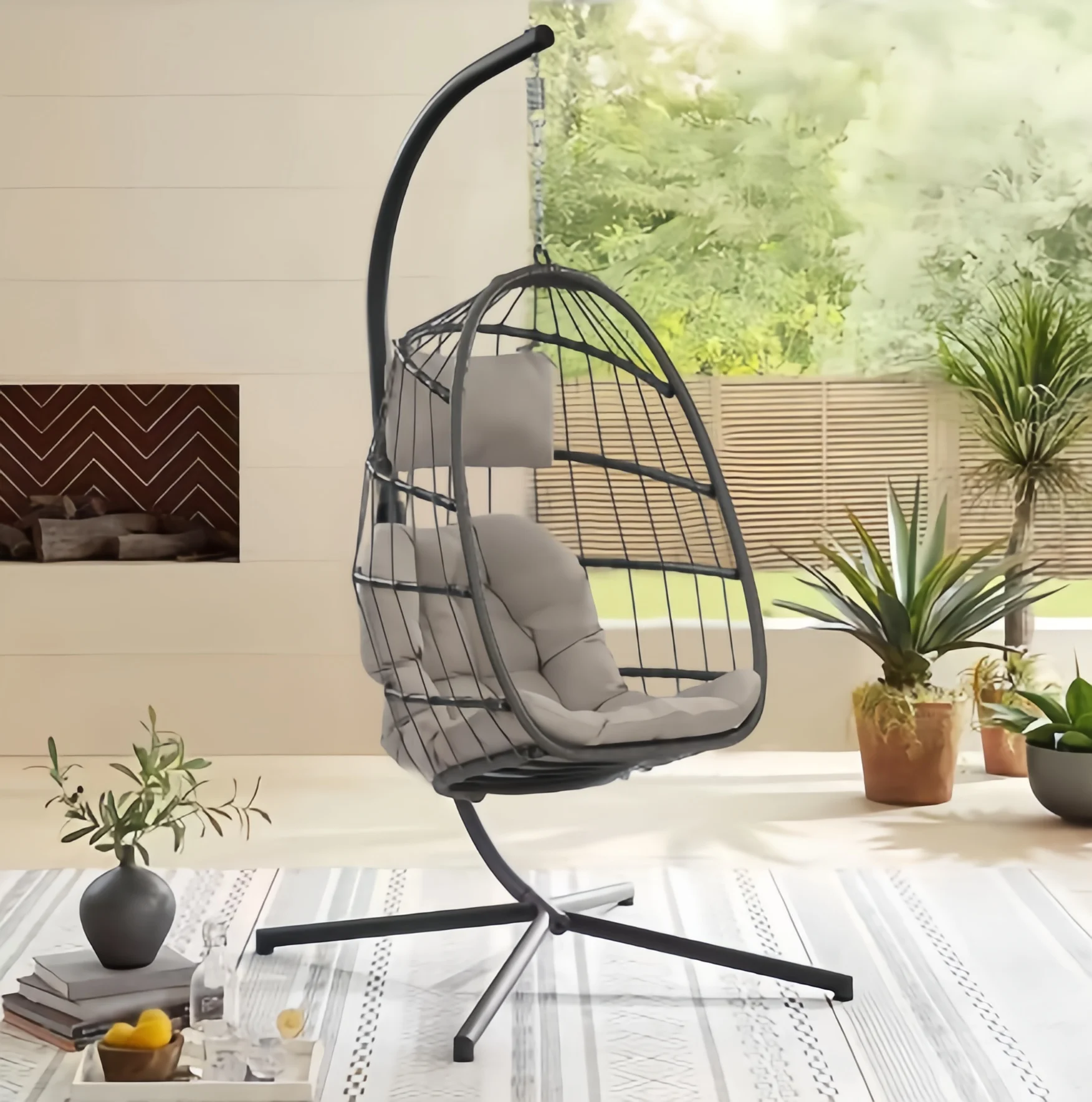 Spot-on Wholesale Indoor and Outdoor Rattan Modern Hanging Folding Garden Rattan Wicker Swing Leisure Chair with Frame