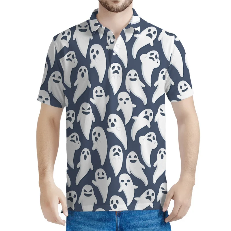 Fashion Halloween Theme Cartoon Ghost Pattern 3D Printed Polyester Men's Polo Shirt Autumn Casual Pullovers Street Harajuku Tops
