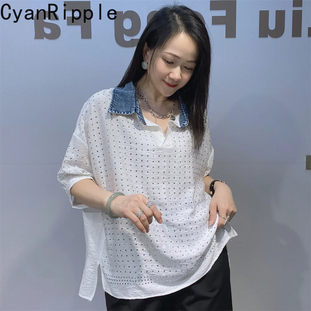 2026 New Summer All-match Women Loose Short Sleeve T-shirt Elegant Denim Splicing Turn-down Collar Shiny Diamonds Pullover Shirt