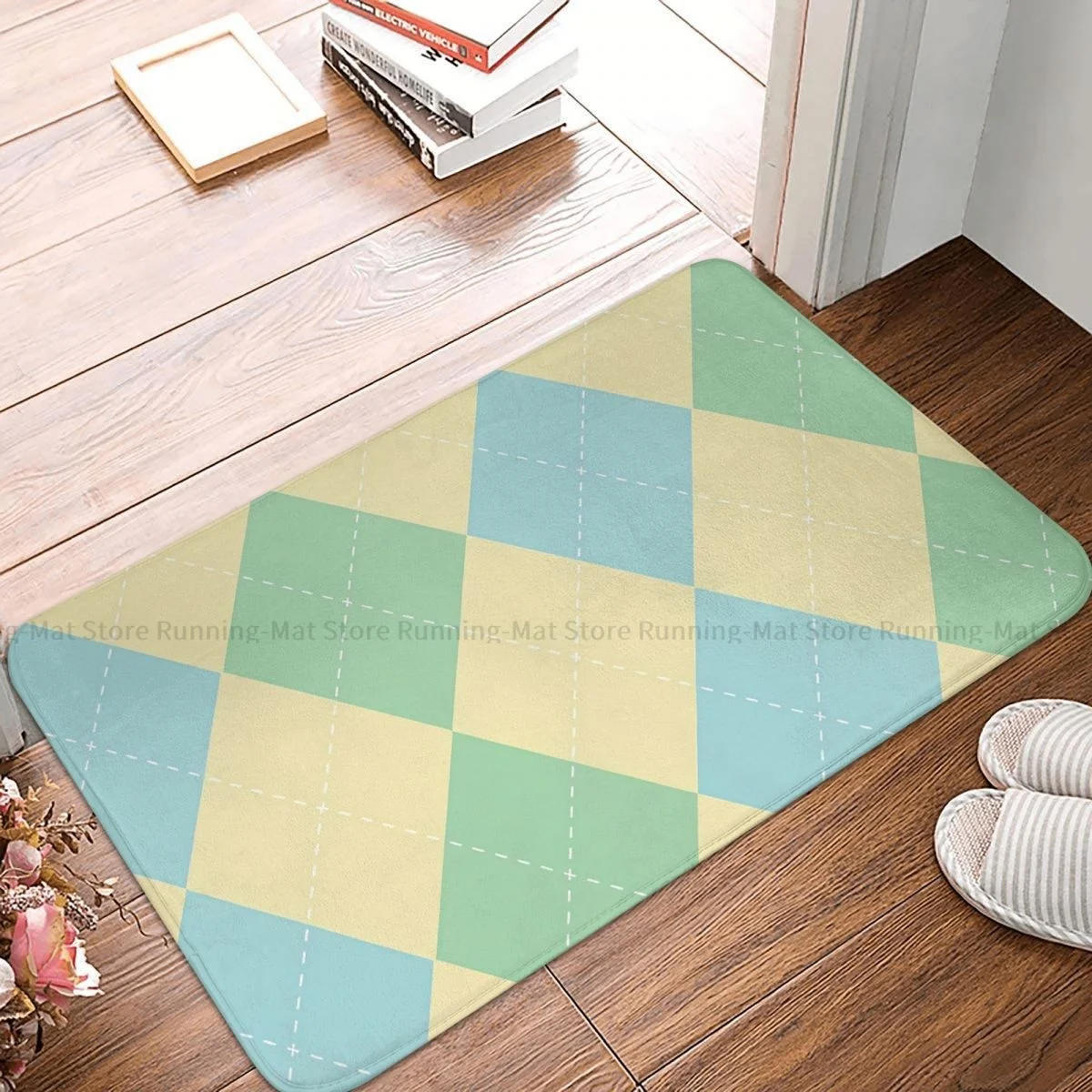 Lattice Non-slip Doormat Blue Yellow Green Bath Bedroom Mat Prayer Carpet Flannel Modern Decor