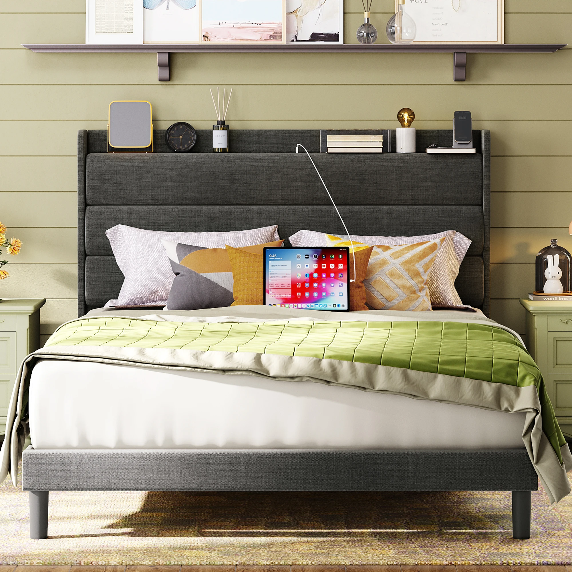 Full Size Bed Frame, Storage Headboard with Outlets, Sturdy and Stable, No Noise, No Box Springs Needed, Dark Gray