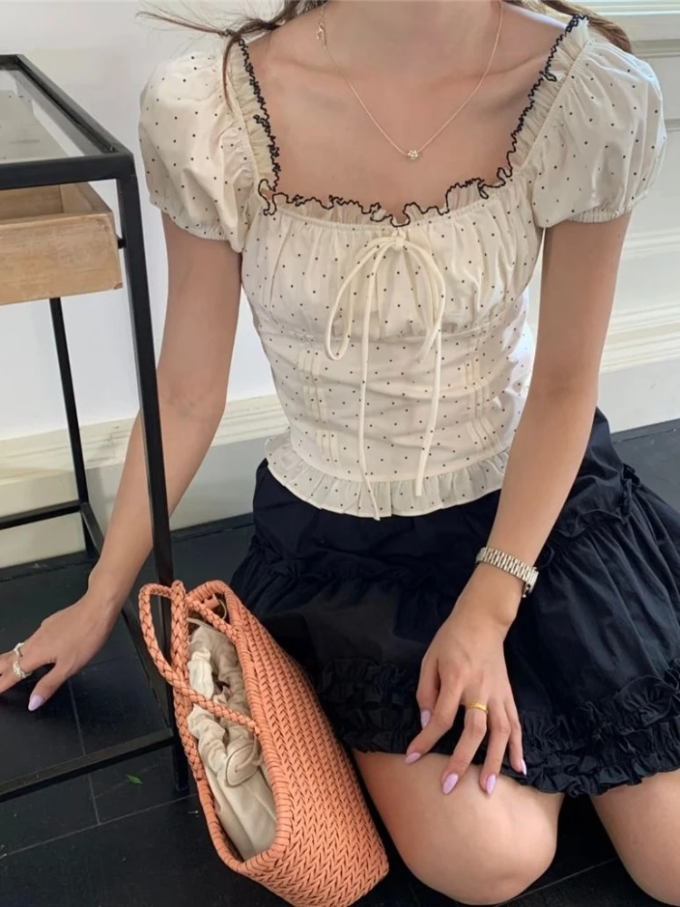 

Sweet Women Tops 2025 Blusas Mujer De Moda Square Collar Puff Sleeve Tunic Shirts Vintage Polka Dot Bandage Bow Summer Blouses