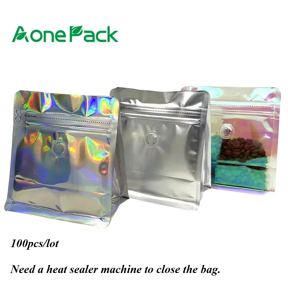 100pcs 4oz 8oz 16oz Aluminum Foil Wholesale Plastic Packaging Holographic Mylar Food Bags with Zipper Coffee Bean Roast Bag