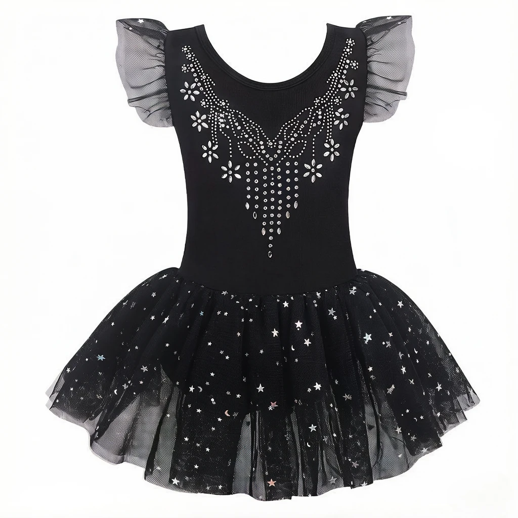 1Pc Black Sequin Diamond Girls Dance Costume, tulle ballet leotard, slim tutu dress for summer stage performances