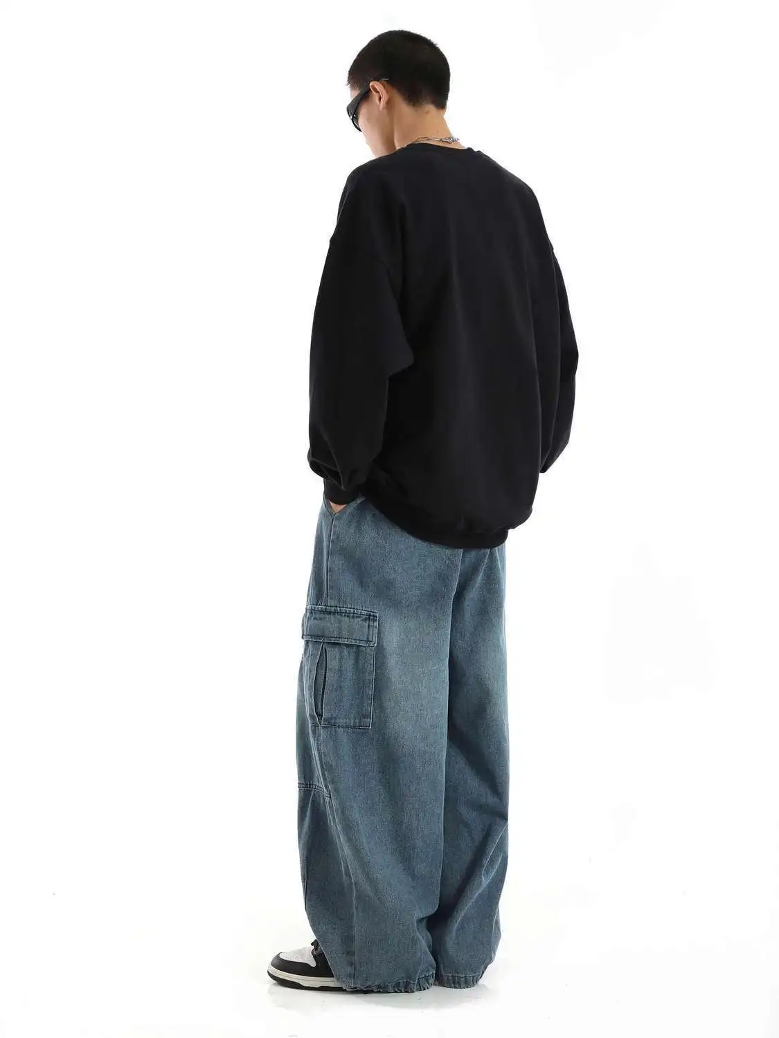 Schwarze Baggy-Cargohose für Herren, lässig, weites Bein, Jogginghose, Übergröße, Vintage, gerade, lockere Arbeitsjeanshose, weicher Komfort – Detail 20