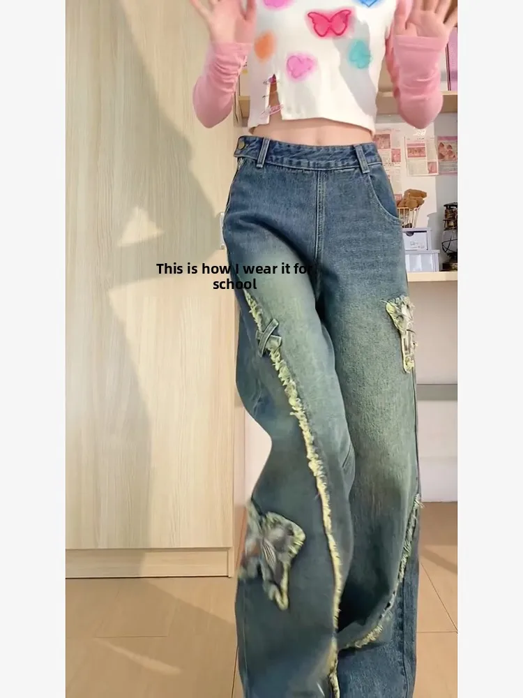 Hochgeschnittene Jeans mit Seitenreißverschluss und Stickerei für Damen, Frühling-Herbst Bodenlange Weite Hose im Amerikanischen High-Street-Stil
