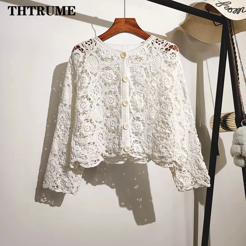 Lace Sexy Shawl Women Sweater Fashion Autumn Winter Round Neck Long Sleeve Vintage Jumper Casual Office Lady Versatile Cardigan